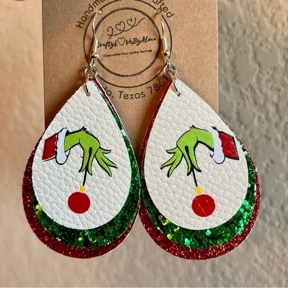 Triple Layers Grinch Hands Faux Leather Women’s Earrings - Picture 3 of 6